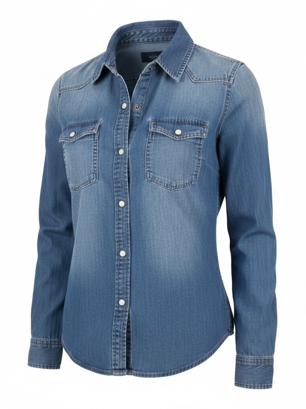 Madewell XS chambray blue‎ medium wash jean button up anchor 100% cotton top